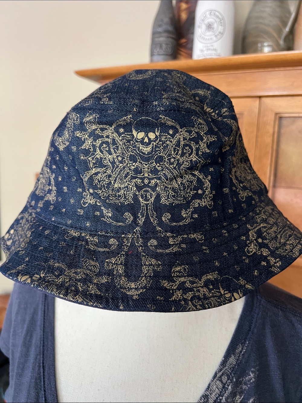 True Religion Skull Print Denim Bucket Hat - Navy & Gold